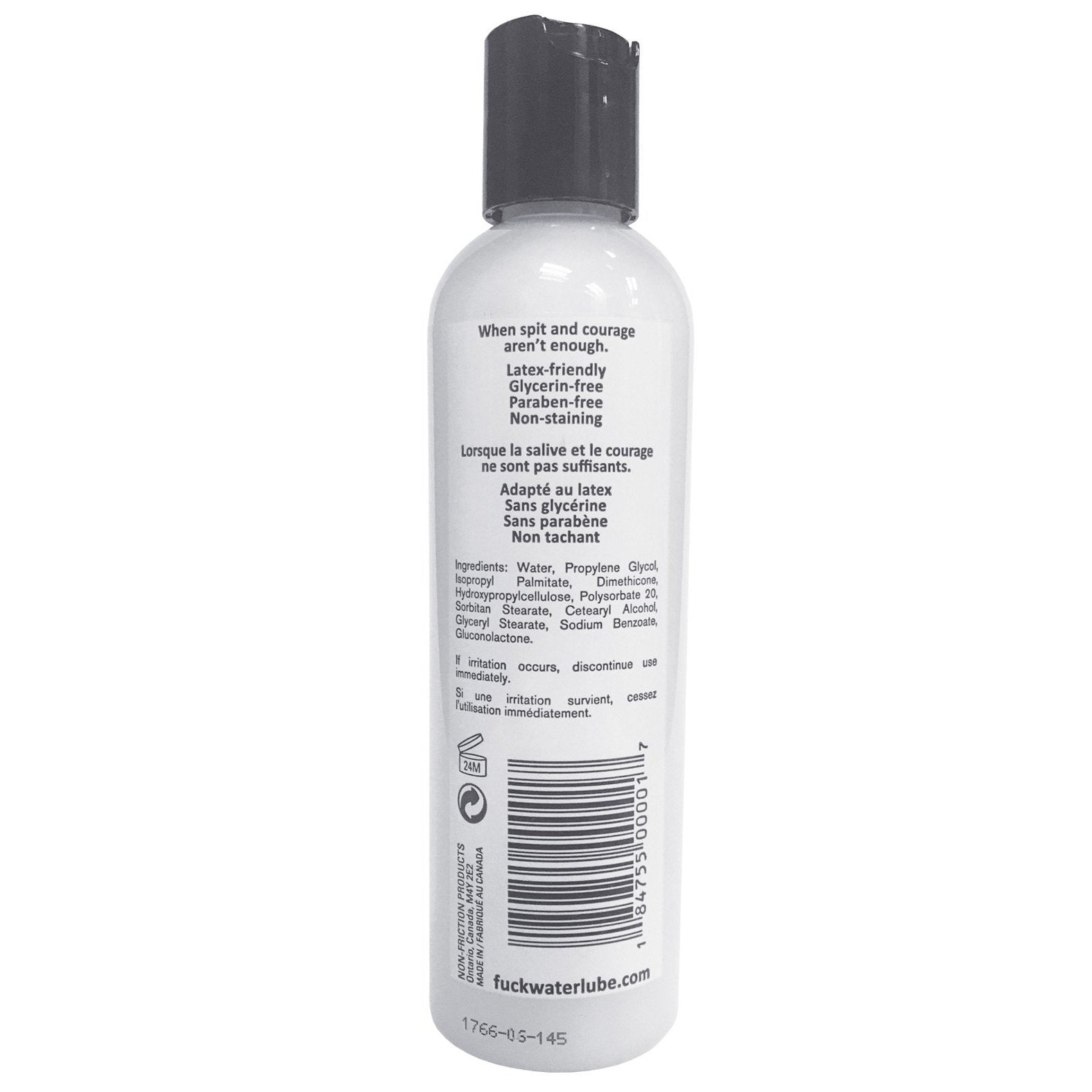 The Fuck Water H2O bottle, branded by Fuck Water, has a black cap and bilingual text with ingredients. The label emphasizes long-lasting qualities, is latex-friendly, and glycerin-free. Ingredients are provided below.