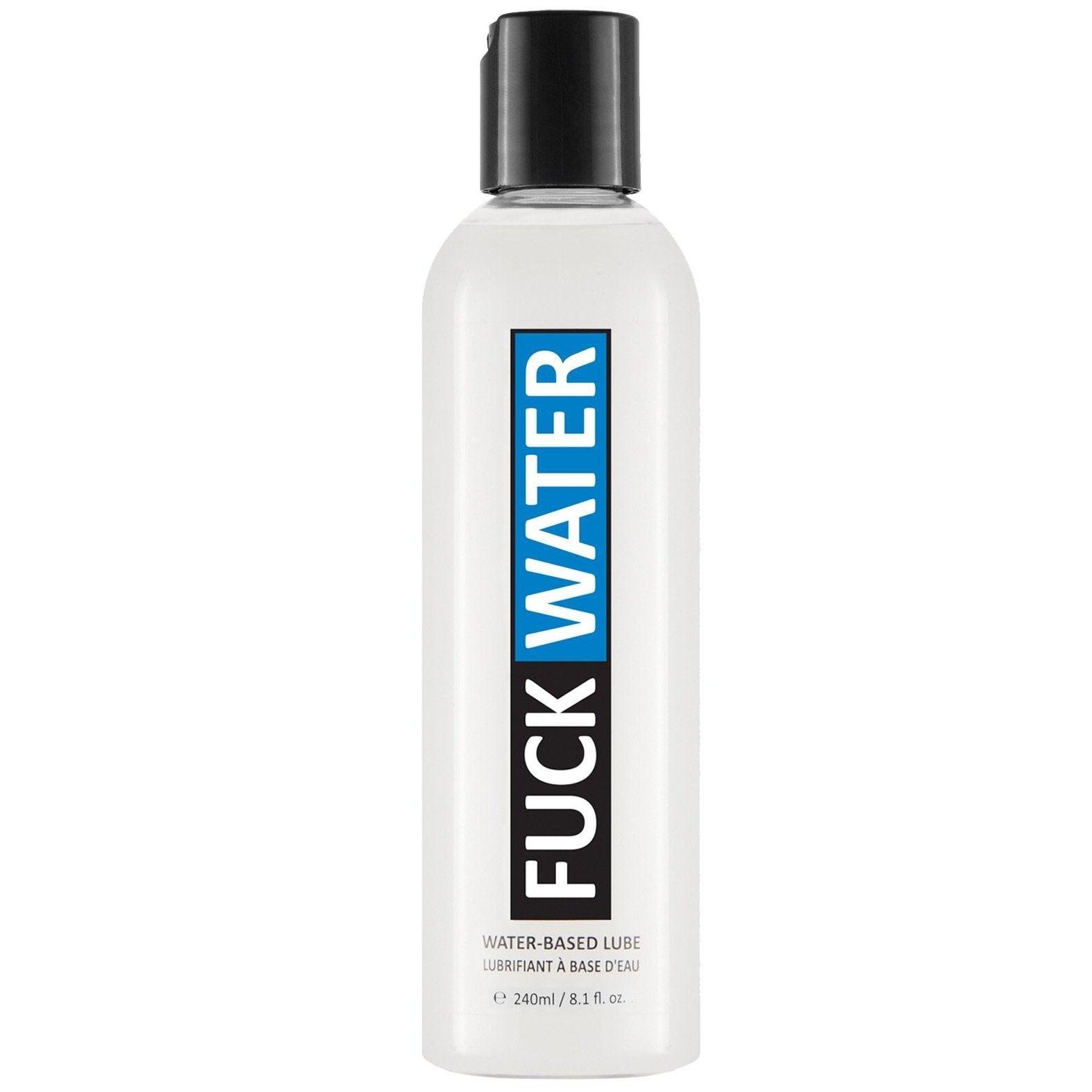 A 240ml bottle of Fuck Water H2O, a glycerin-free, water-based lubricant, features a black cap and a sleek white label with blue and black design. Known for its long-lasting performance, this 8.1 fl oz lube by Fuck Water ensures smooth and pleasurable experiences every time.