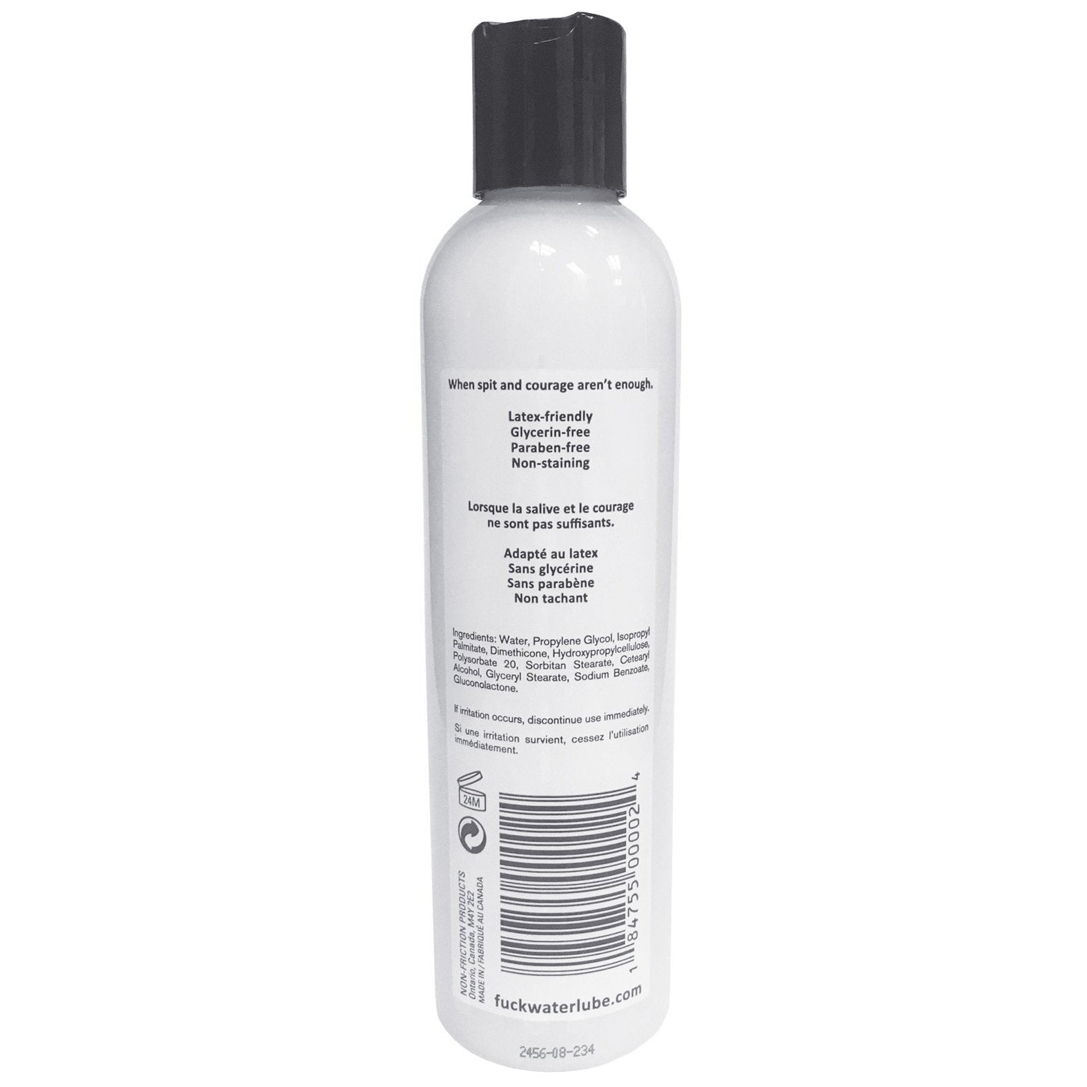 The Fuck Water H2O by Fuck Water is a sleek white bottle with a black cap containing water-based lube. Its long-lasting, latex-friendly, glycerin-free, paraben-free, and non-staining. Ingredients and instructions are provided in English and French on the label.