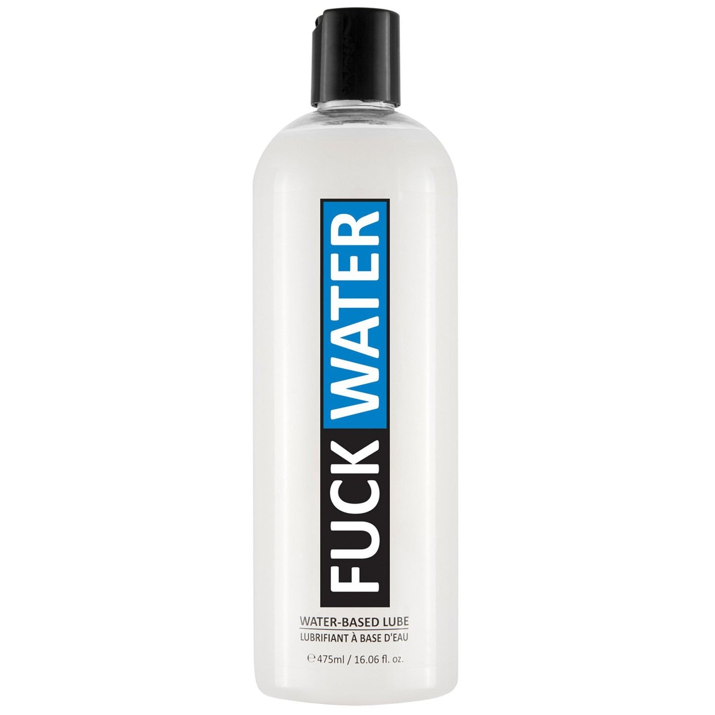 A 475ml (16.06 fl oz) clear bottle of Fuck Water H2O, a glycerin-free, water-based lubricant by Fuck Water, features a blue and black design for long-lasting pleasure.