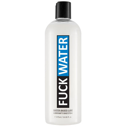 A 475ml (16.06 fl oz) clear bottle of Fuck Water H2O, a glycerin-free, water-based lubricant by Fuck Water, features a blue and black design for long-lasting pleasure.