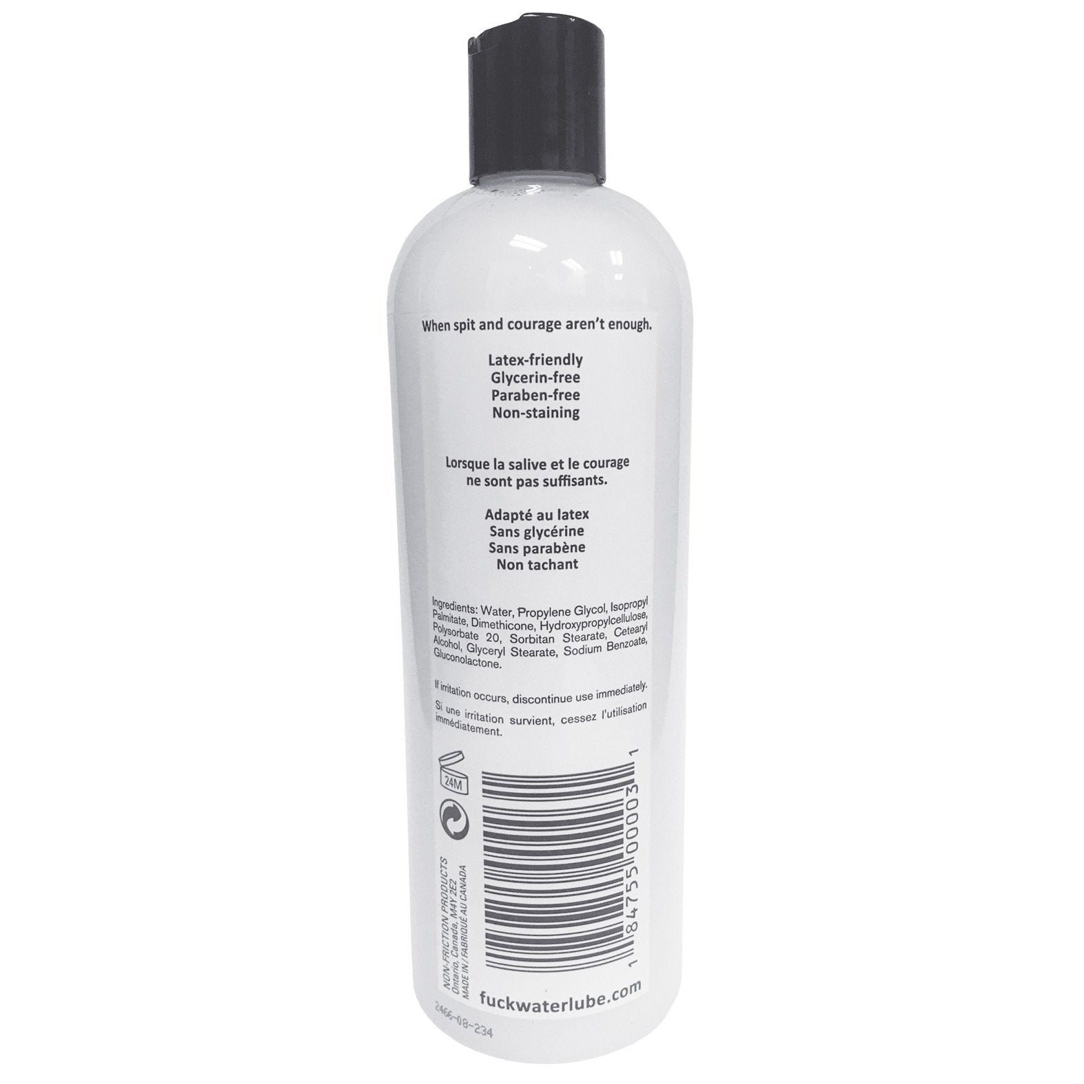 The white bottle of Fuck Water H2O, a long-lasting, water-based lube from Fuck Water, features a black cap. The label emphasizes that its latex-friendly, glycerin-free, and paraben-free, along with product details and a list of ingredients.