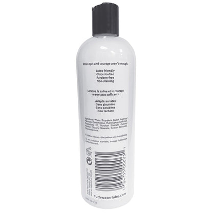The white bottle of Fuck Water H2O, a long-lasting, water-based lube from Fuck Water, features a black cap. The label emphasizes that its latex-friendly, glycerin-free, and paraben-free, along with product details and a list of ingredients.