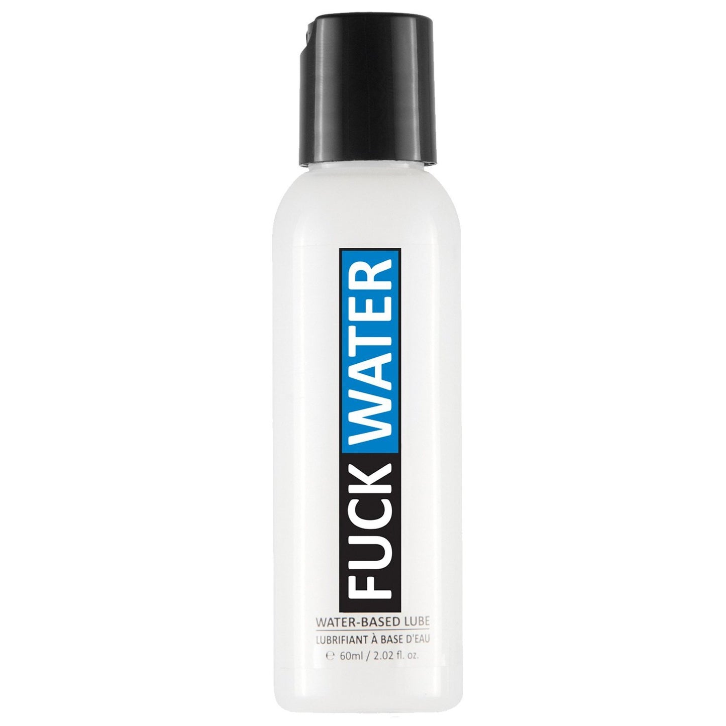 The 60 ml Fuck Water H2O lubricant is glycerin-free, water-based, long-lasting, and comes in a white bottle with a black cap.
