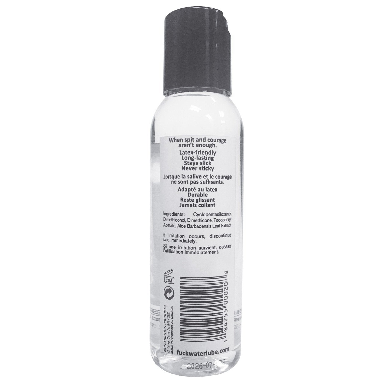 The Fuck Water Silicone comes in a clear bottle with a black cap, containing silicone-based lubricant. The label details in English and French its condom compatibility and non-sticky formula. The transparent bottle displays the clear liquid inside, with the URL on the bottom.
