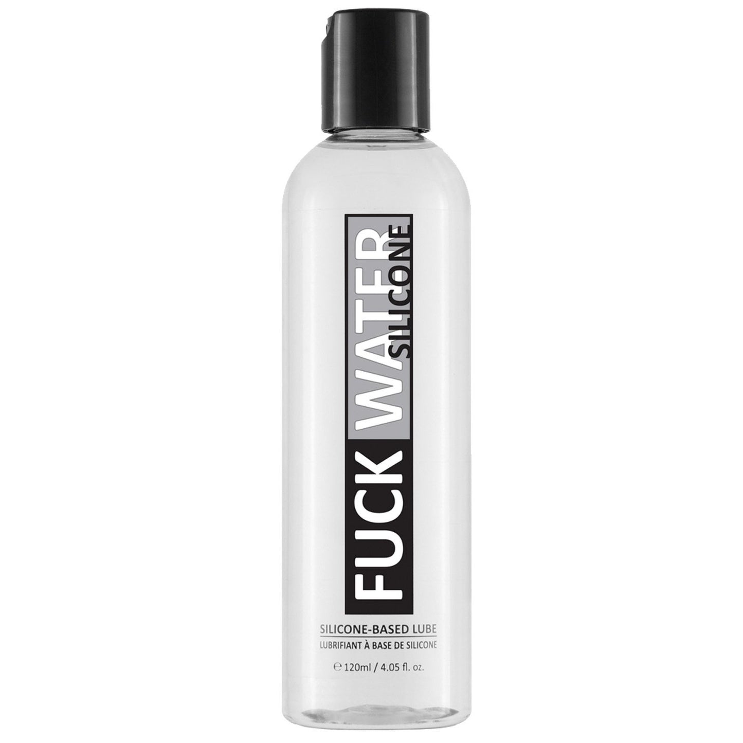 The 120 ml (4.05 fl oz) Fuck Water Silicone lubricant features a clear bottle with a sleek black cap and a mostly white label with bold black text. Its silicone-based, waterproof, and condom-compatible for safe and smooth experiences.