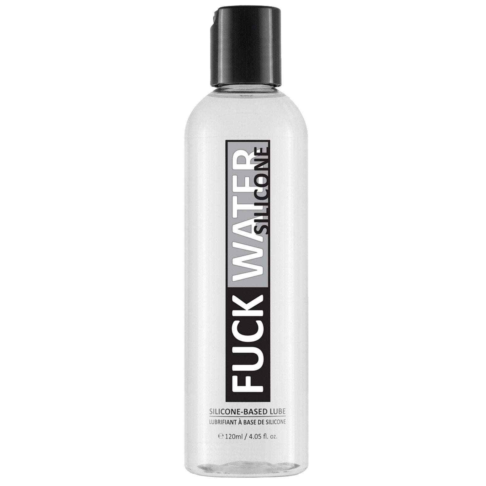 The 120 ml (4.05 fl oz) Fuck Water Silicone lubricant features a clear bottle with a sleek black cap and a mostly white label with bold black text. Its silicone-based, waterproof, and condom-compatible for safe and smooth experiences.