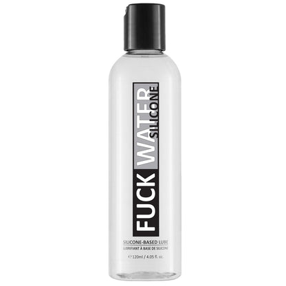The 120 ml (4.05 fl oz) Fuck Water Silicone lubricant features a clear bottle with a sleek black cap and a mostly white label with bold black text. Its silicone-based, waterproof, and condom-compatible for safe and smooth experiences.