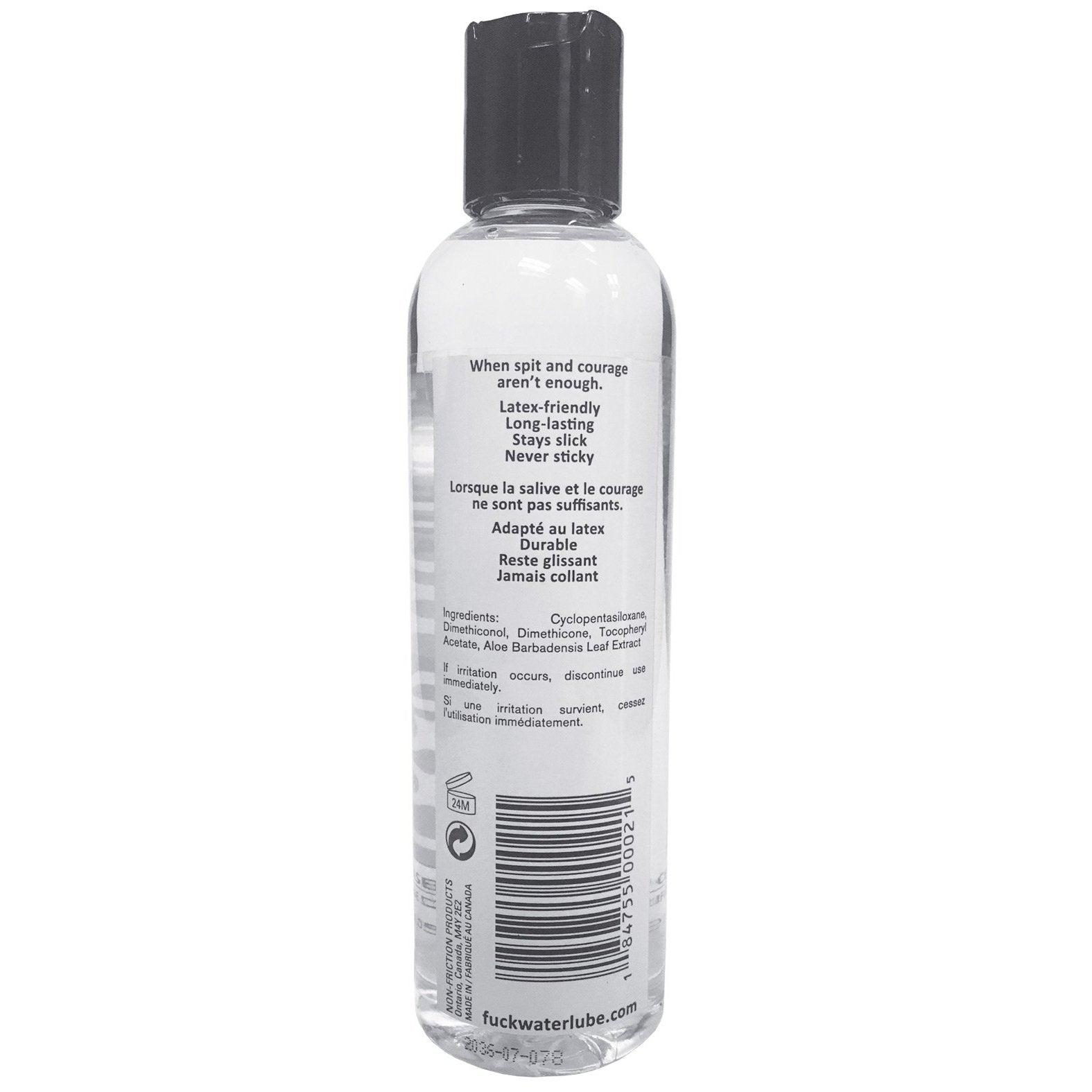 A clear bottle with a black cap reveals Fuck Water Silicones latex-friendly, long-lasting, non-sticky lubricant. The label details its silicone-based features and condom-compatible ingredients at the bottom.