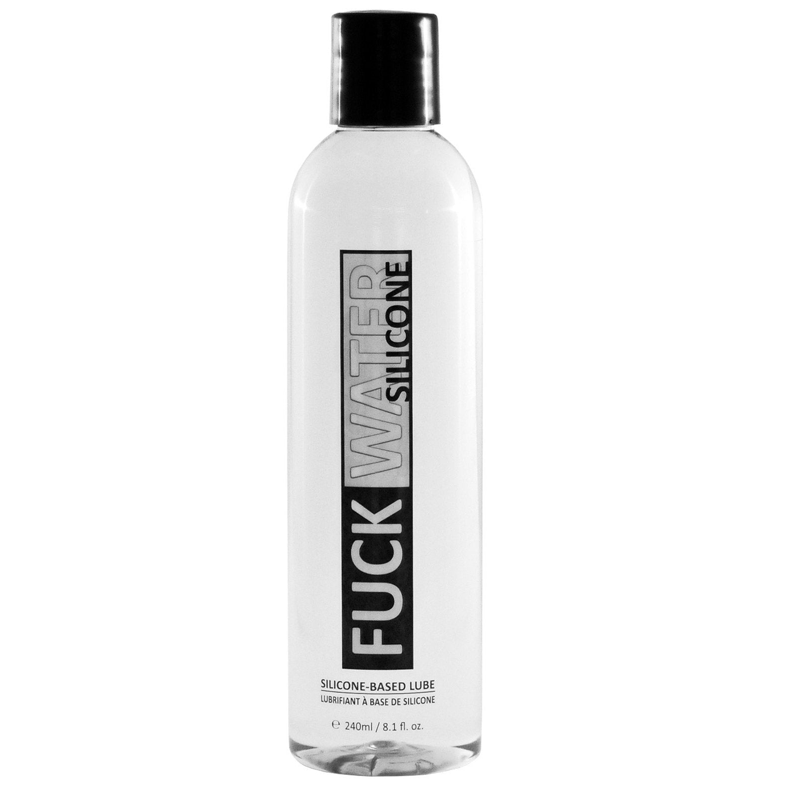 A 240 ml (8.1 fl oz) clear bottle of Fuck Water Silicone features a black cap and a label with FUCK WATER SILICONE in bold black and silver text, highlighting its condom compatibility.