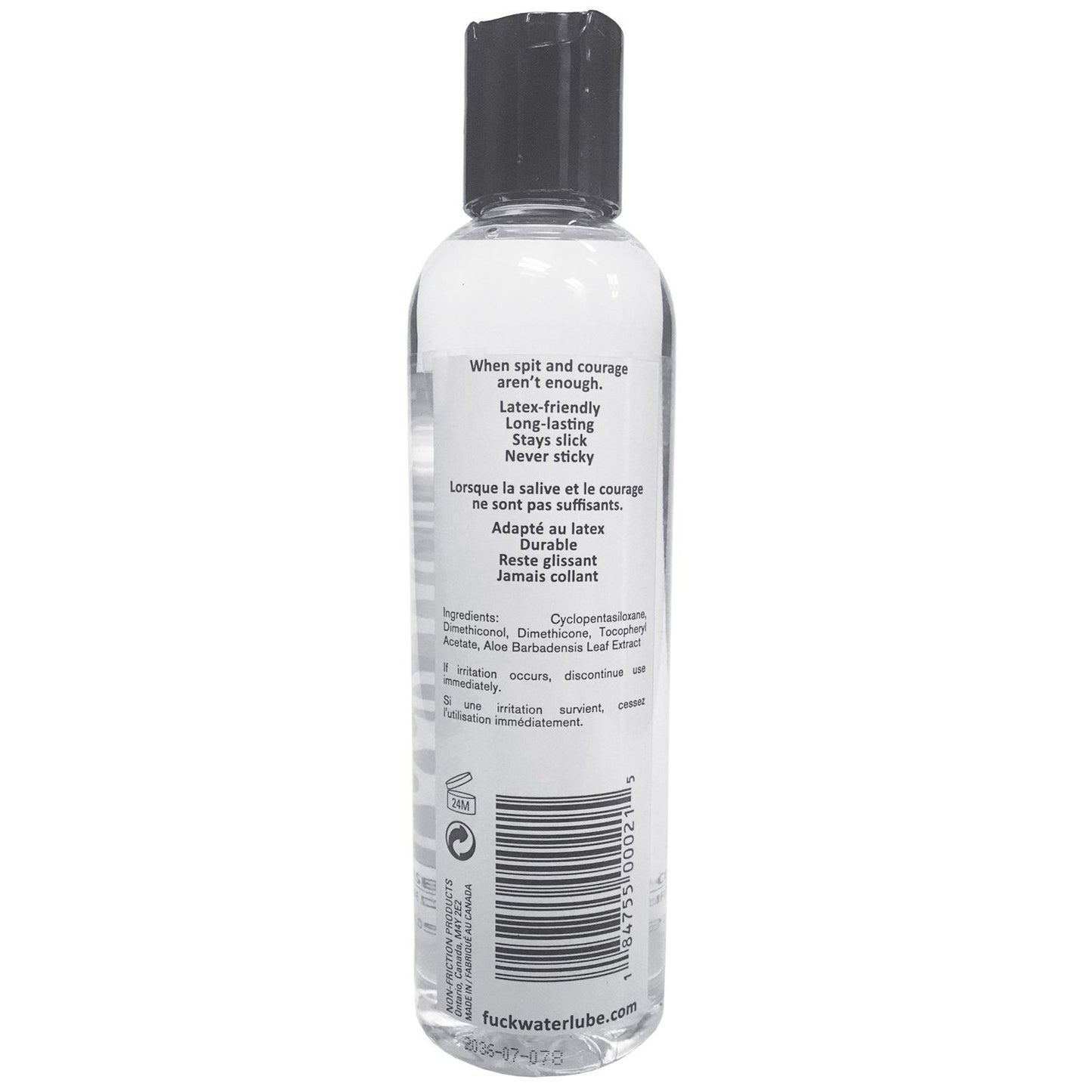The Fuck Water Silicone personal lubricant by Fuck Water comes in a clear bottle with a black cap. Its label includes usage instructions, benefits such as condom compatibility, non-stickiness, and latex-friendly waterproof formula, along with an ingredients list.