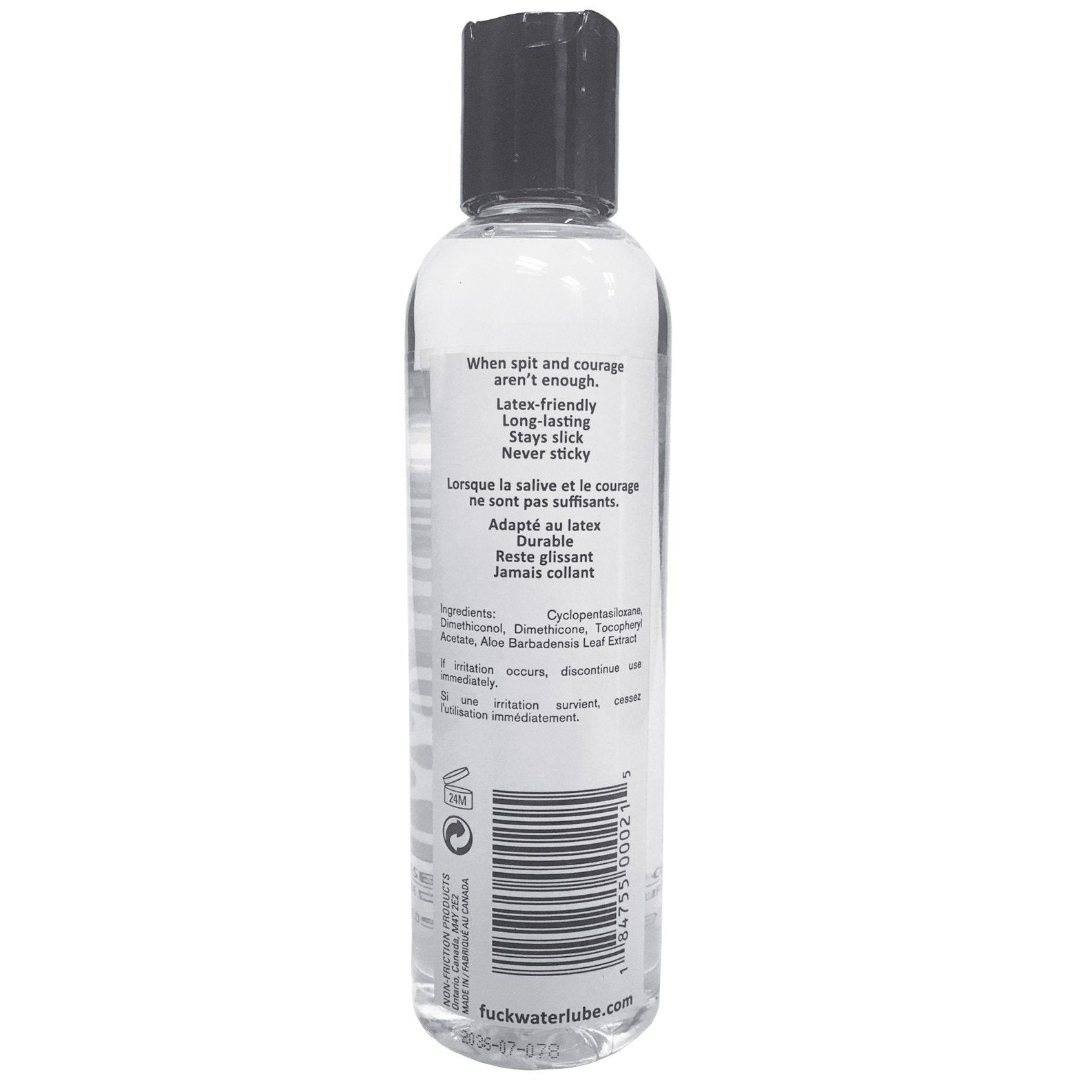 The Fuck Water Silicone personal lubricant by Fuck Water comes in a clear bottle with a black cap. Its label includes usage instructions, benefits such as condom compatibility, non-stickiness, and latex-friendly waterproof formula, along with an ingredients list.