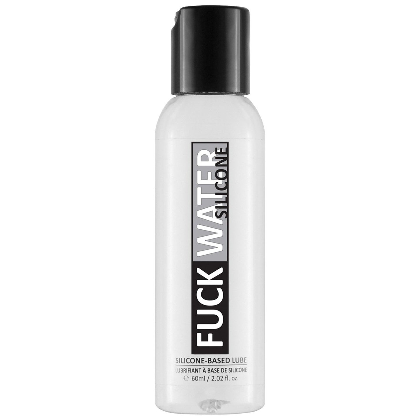 A clear 60 ml (2 oz) bottle with a black cap labeled Fuck Water Silicone shows off its waterproof, condom-compatible, silicone-based lubricant properties in bold vertical text against a plain white background.