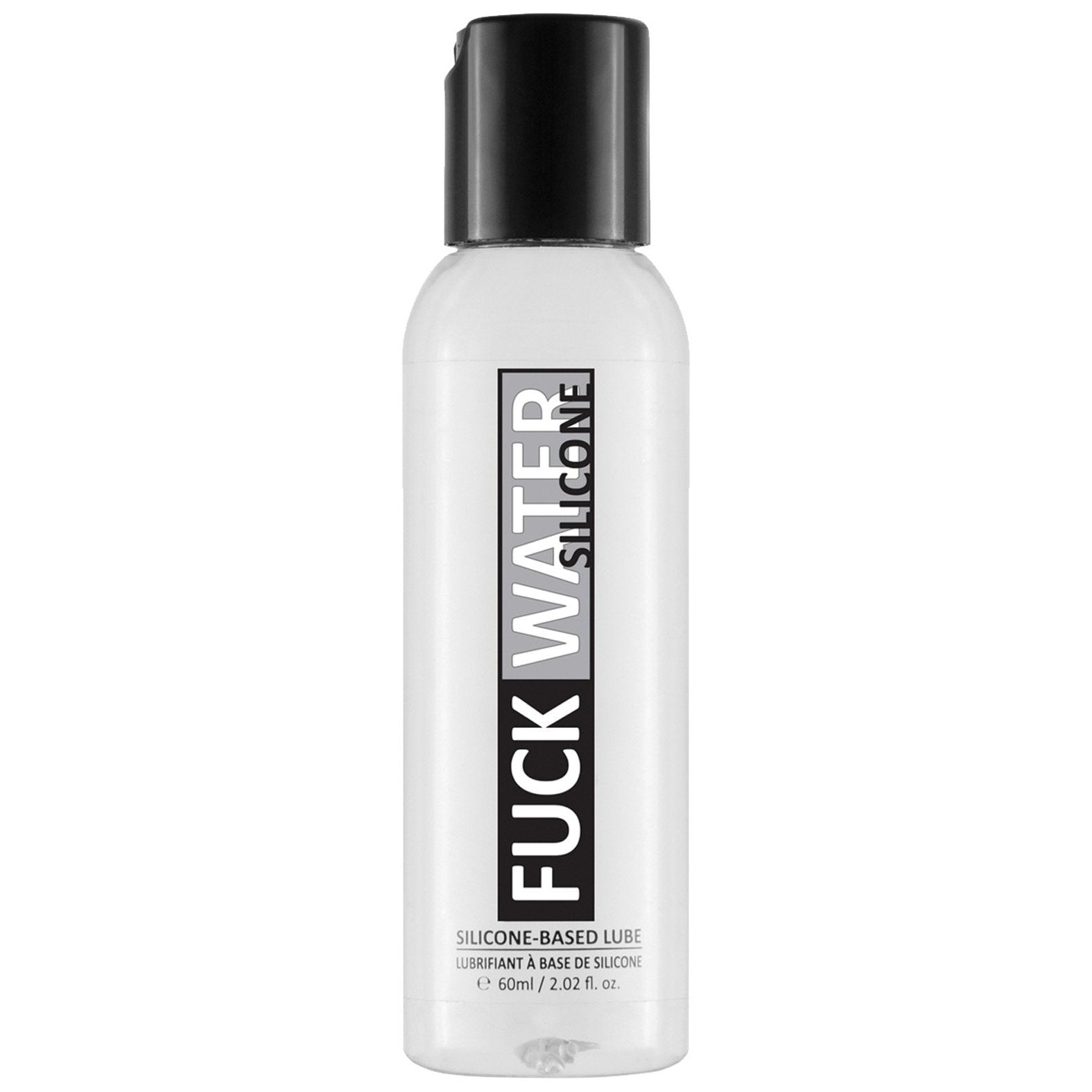 A clear 60 ml (2 oz) bottle with a black cap labeled Fuck Water Silicone shows off its waterproof, condom-compatible, silicone-based lubricant properties in bold vertical text against a plain white background.
