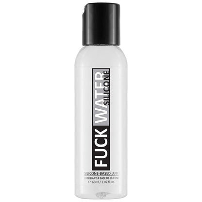 A clear 60 ml (2 oz) bottle with a black cap labeled Fuck Water Silicone shows off its waterproof, condom-compatible, silicone-based lubricant properties in bold vertical text against a plain white background.