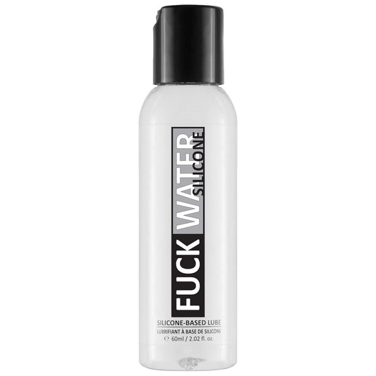 A clear 60 ml (2 oz) bottle with a black cap labeled Fuck Water Silicone shows off its waterproof, condom-compatible, silicone-based lubricant properties in bold vertical text against a plain white background.