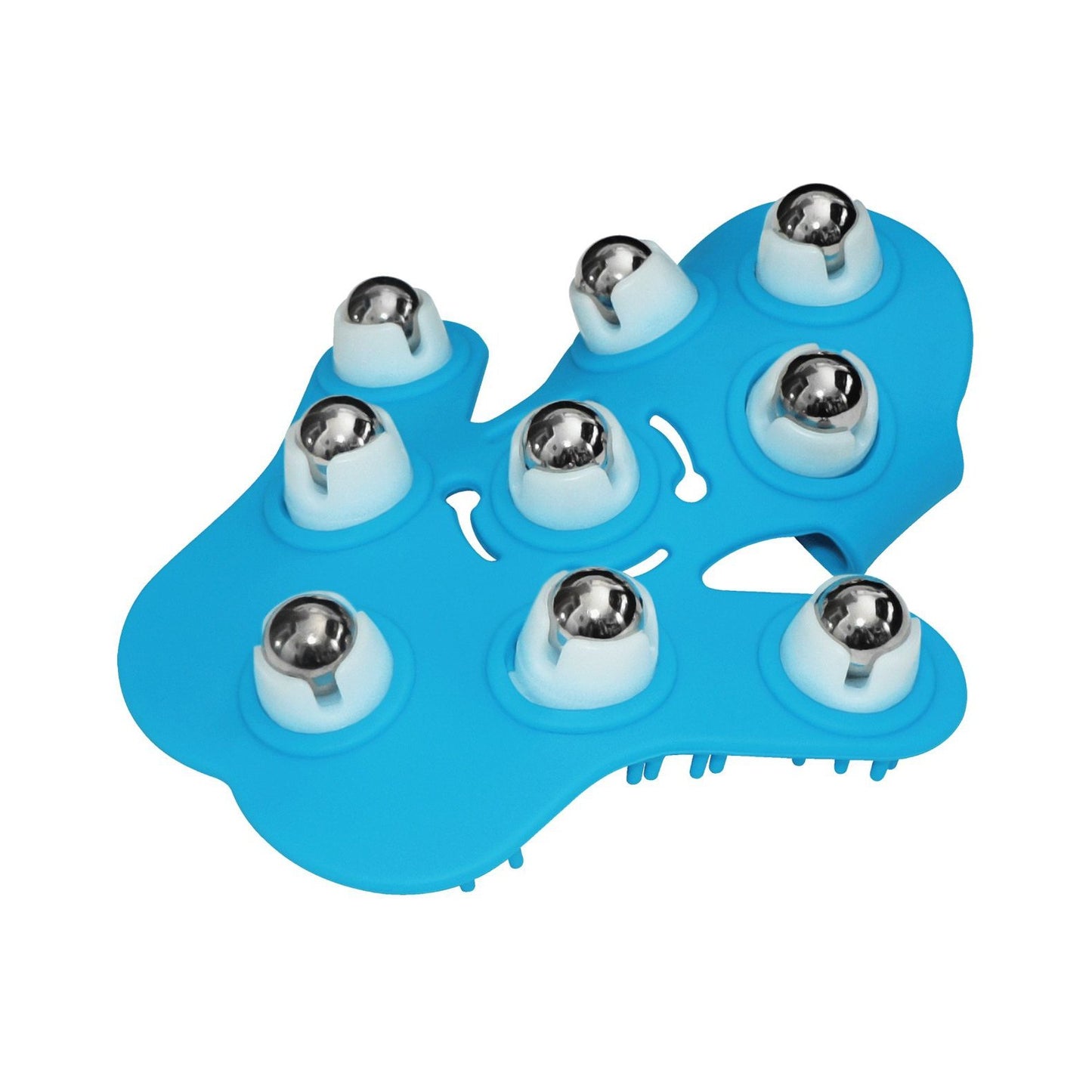 The Deeva Fuzu Glove Massager, a blue handheld device with nine silver rotating balls in two rows, features an ergonomic design and contoured grip slots for portable muscle tension relief and sensual relaxation.