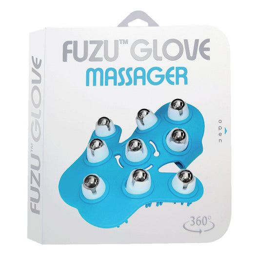 The Deeva Fuzu Glove Massagers packaging emphasizes its ergonomic design, showcasing a blue massaging glove with multiple stainless steel roller balls for a 360-degree massage and ultimate sensual relaxation.