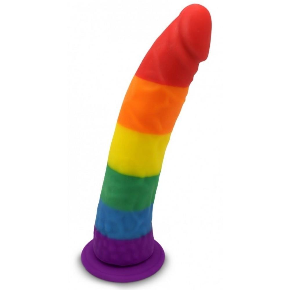 The Gay Pride 5.5 Dildo by Adams Toy Box features multicolored rainbow stripes, a sturdy suction base, and is crafted from silicone.