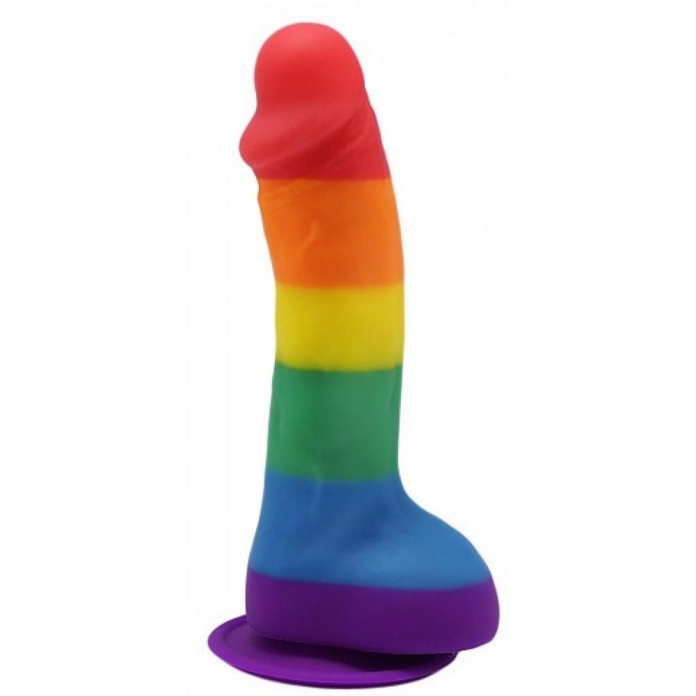 Introducing the Gay Pride 5.5 Dildo by Adams Toy Box: a rainbow-colored silicone piece with a strong suction base, featuring vibrant horizontal stripes in red, orange, yellow, green, blue, and purple—ideal for celebrating diversity and love.