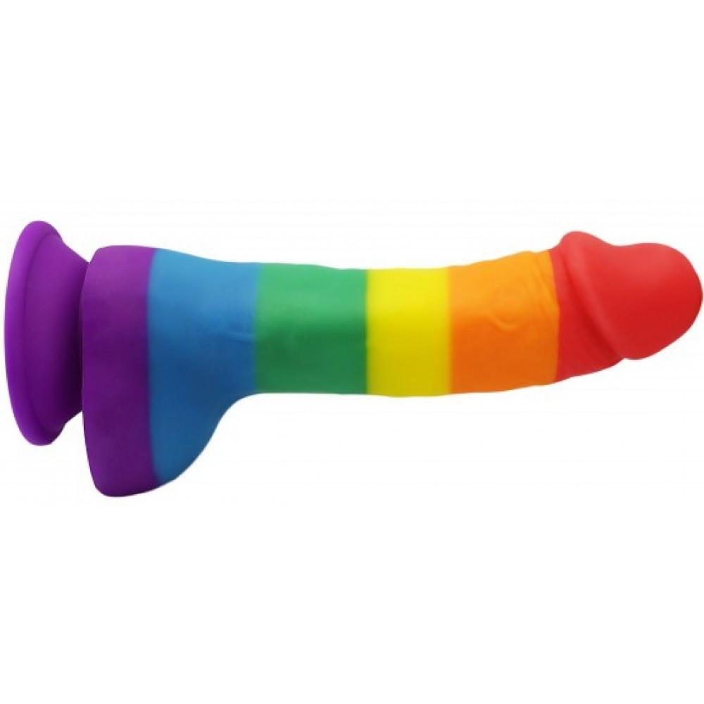 The Adams Toy Box Gay Pride 5.5 Dildo showcases rainbow stripes from purple to red and is crafted from silicone. It features a secure suction cup base for hands-free fun.