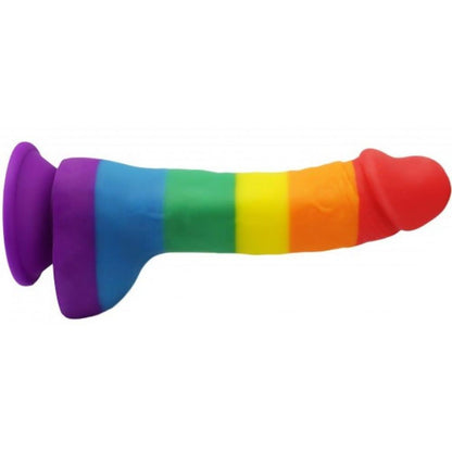 The Adams Toy Box Gay Pride 5.5 Dildo showcases rainbow stripes from purple to red and is crafted from silicone. It features a secure suction cup base for hands-free fun.