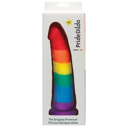 The Gay Pride 5.5 Dildo from Adams Toy Box features packaging with a cutout showcasing its vibrant rainbow stripes in red, orange, yellow, green, blue, and purple. Designed with a suction cup base for versatile use, this silicone dildo combines style and functionality to celebrate pride.