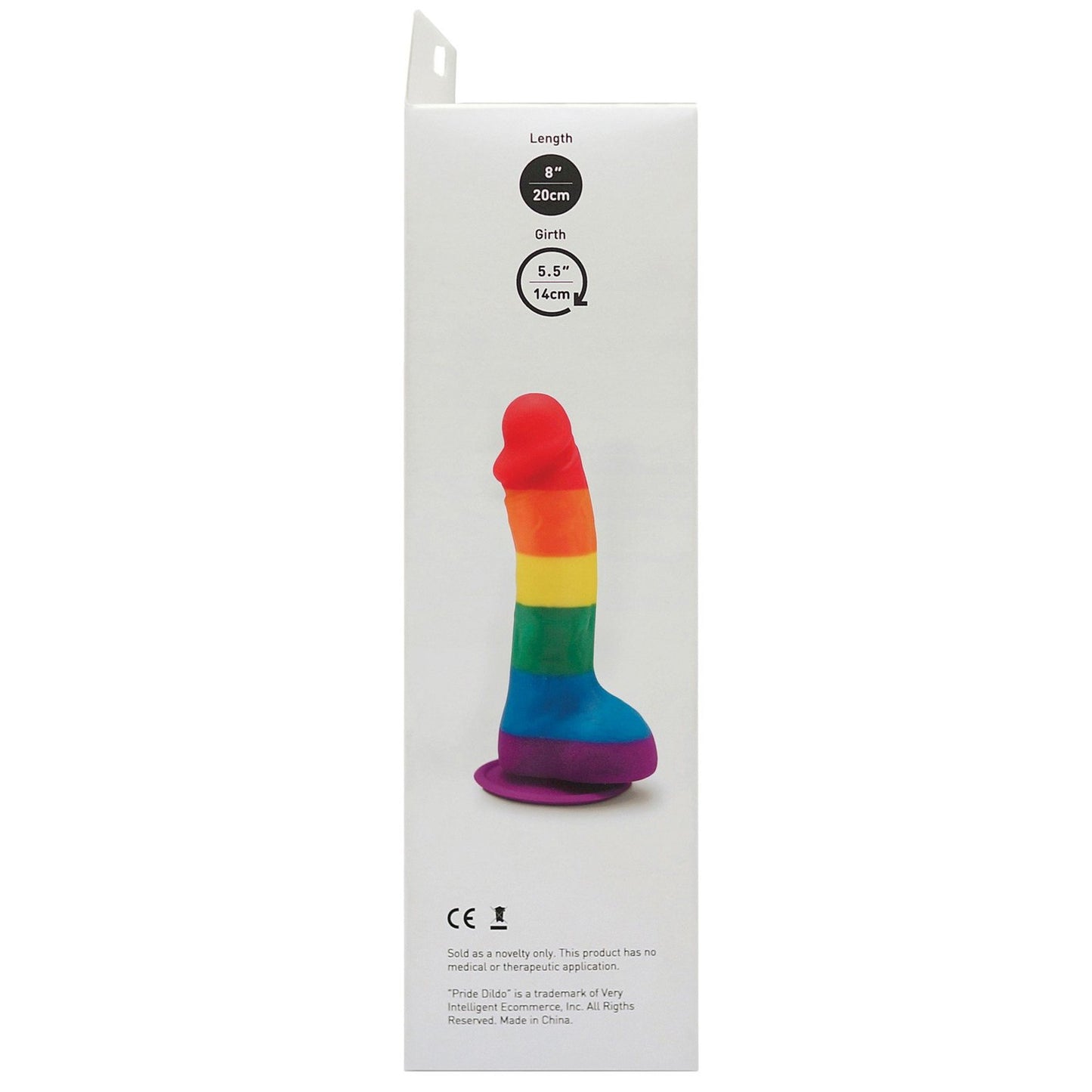 A box featuring Adams Toy Boxs colorful Gay Pride 5.5 Dildo, a rainbow-themed novelty item measuring 8 inches in length and 5.5 inches in girth.