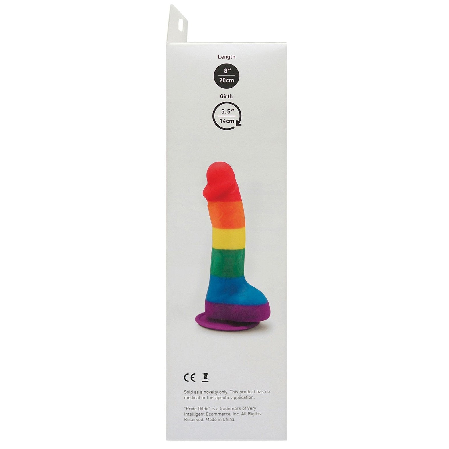 A box featuring Adams Toy Boxs colorful Gay Pride 5.5 Dildo, a rainbow-themed novelty item measuring 8 inches in length and 5.5 inches in girth.