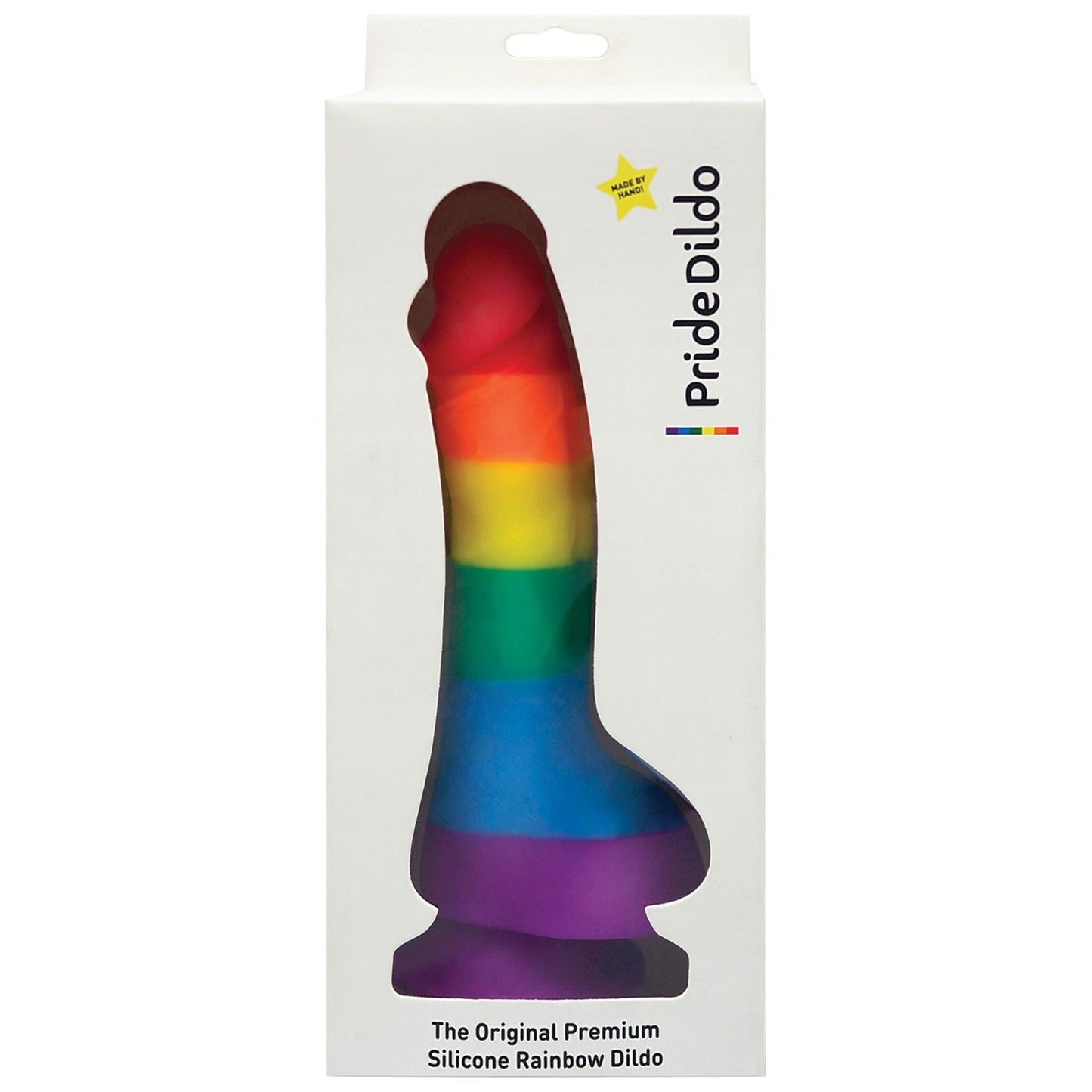 Packaged rainbow-colored Gay Pride 5.5 Dildo by Adams Toy Box. The packaging highlights soft premium silicone and features a New! starburst. It includes a secure suction cup, promising versatile fun.