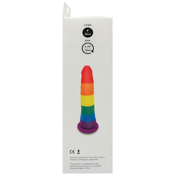 The Adams Toy Box packaging presents the Gay Pride 5.5 Dildo in rainbow colors, crafted from premium silicone with a suction cup base. As a novelty item, it includes the CE mark and boasts product dimensions of an 8-inch length and a 4.75-inch girth.