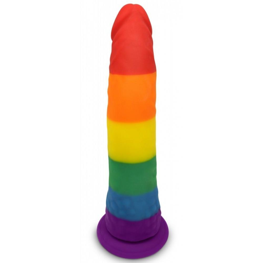The Gay Pride 5.5 Dildo by Adams Toy Box features a secure suction base and a striped design with vibrant rainbow colors: red, orange, yellow, green, blue, and purple.