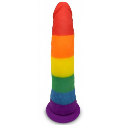 The Gay Pride 5.5 Dildo by Adams Toy Box features a secure suction base and a striped design with vibrant rainbow colors: red, orange, yellow, green, blue, and purple.