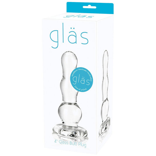 The Gläs 4 Male Butt Plugs packaging highlights its sleek design and suitability for temperature play. It features a clear image of the plug, a light blue logo, and detailed info, making it an excellent beginner anal toy choice.