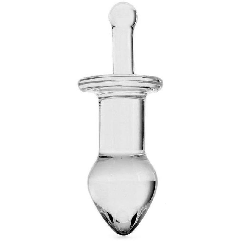 The Gläs 5 Juicer Butt Plug is a clear, hand-made glass piece featuring a rounded top, narrowed middle, and teardrop-shaped base. Its elegant design and reflective properties make it perfect for those interested in temperature play.