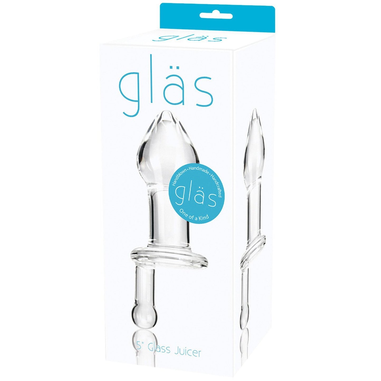A white box for the Gläs 5 Juicer Butt Plug displays an image of the clear, handmade glass product with a pointed tip and round base, emphasizing its unique hand-blown design—ideal for those who value exquisite craftsmanship.