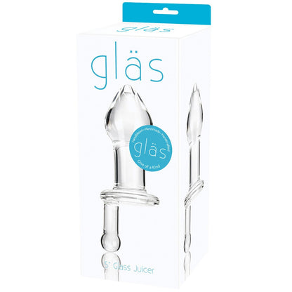 A white box for the Gläs 5 Juicer Butt Plug displays an image of the clear, handmade glass product with a pointed tip and round base, emphasizing its unique hand-blown design—ideal for those who value exquisite craftsmanship.