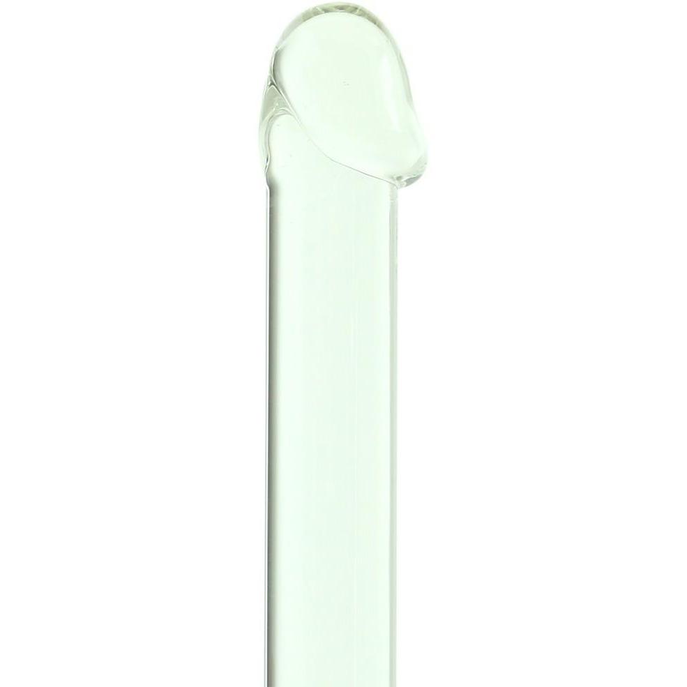 The Gläs 7 Realistic Head Glass Dildo, with its curved, bulbous tip made of transparent glass, stands vertically against a white background, showcasing exquisite hand-blown artistry.