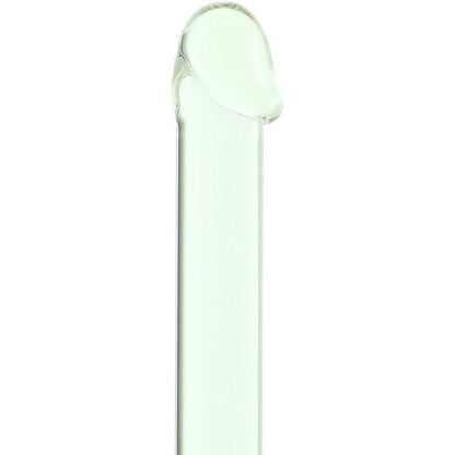 The Gläs 7 Realistic Head Glass Dildo, with its curved, bulbous tip made of transparent glass, stands vertically against a white background, showcasing exquisite hand-blown artistry.