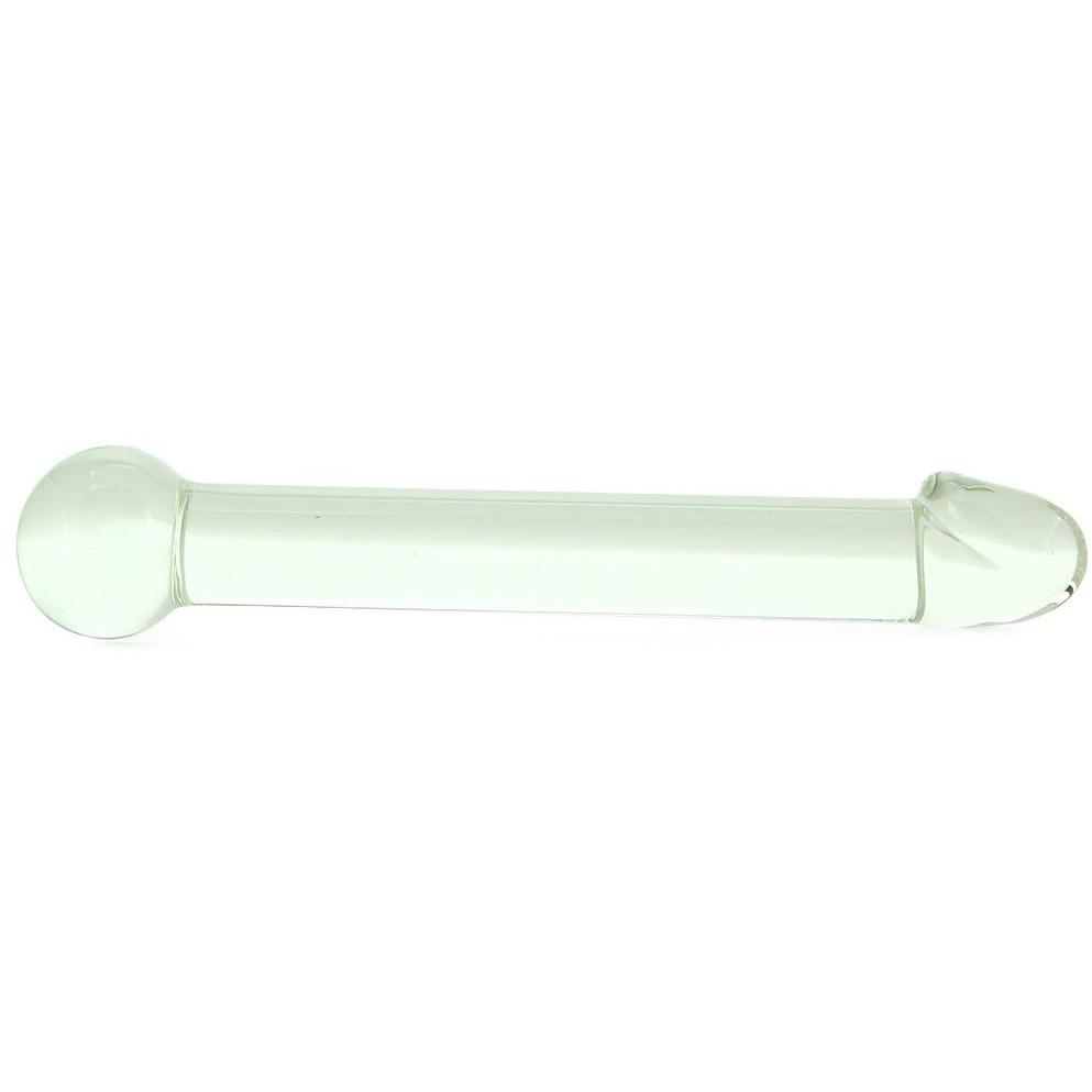 The Gläs 7 Realistic Head Glass Dildo, hand-blown with a rounded left end and a pointed right end against a plain white background, is ideal for temperature play.