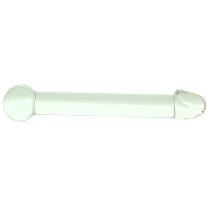 The Gläs 7 Realistic Head Glass Dildo, hand-blown with a rounded left end and a pointed right end against a plain white background, is ideal for temperature play.