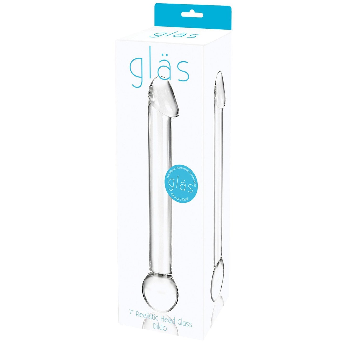 The Gläs 7 Realistic Head Glass Dildo is elegantly presented in a white box with blue text and product images. Perfect for temperature play experiments, it offers a refined touch to your collection.