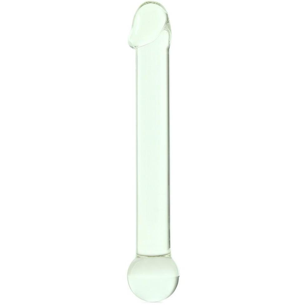 The Glas 7 Realistic Head Glass Dildo by Gläs highlights the artistry of hand-blown glass with its smooth, cylindrical shape and rounded ends, ideal for elegant temperature play.