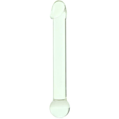 The Glas 7 Realistic Head Glass Dildo by Gläs highlights the artistry of hand-blown glass with its smooth, cylindrical shape and rounded ends, ideal for elegant temperature play.