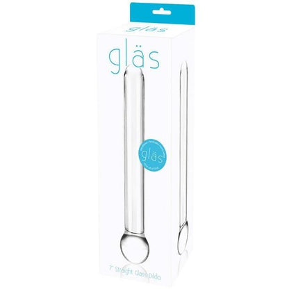 The packaging of the Pipedream Glas 7 Straight Glass Dildo features a striking blue and white design with gläs text, highlighting its 7-inch length, straight shape, and premium glass ideal for temperature play. The box includes product images and a turquoise top for added allure.