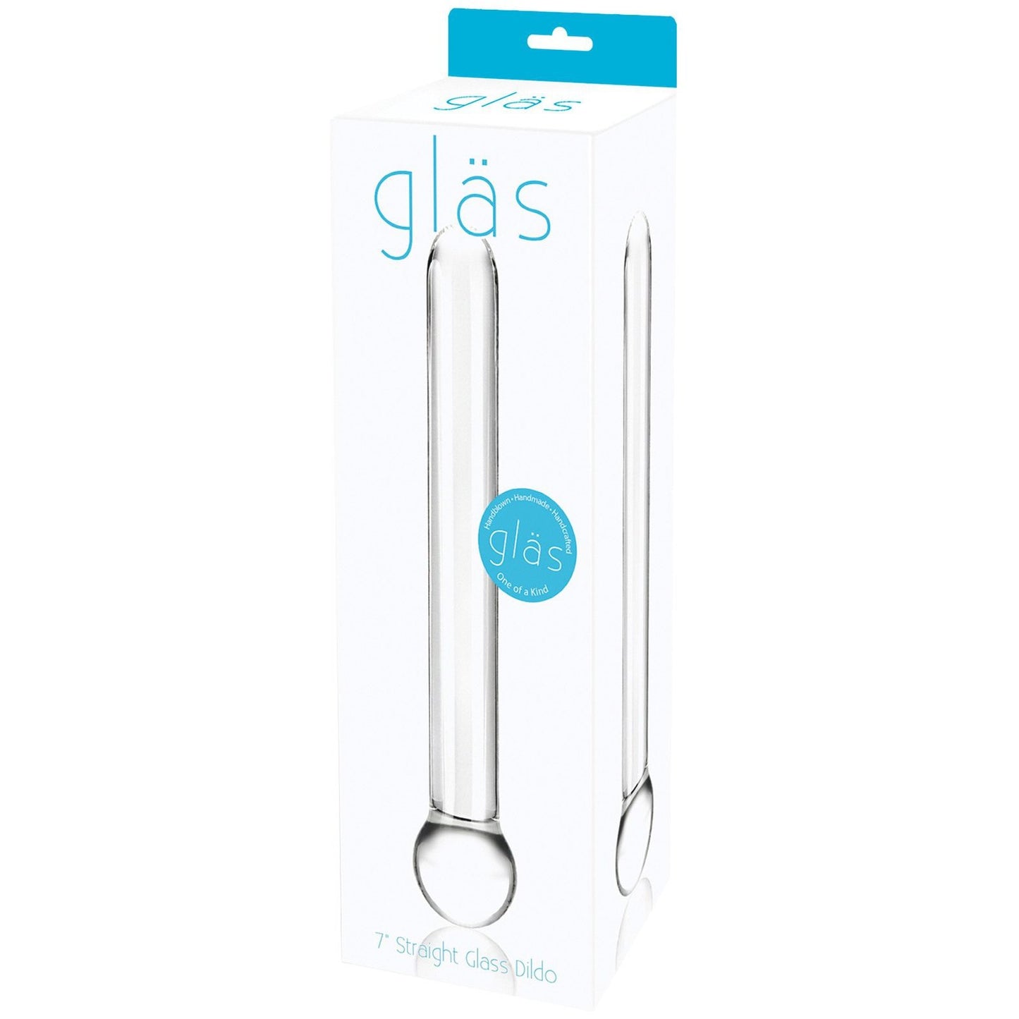 The image shows the package of a Pipedream Glas 7 Straight Glass Dildo, perfect for temperature play. The white box features teal and blue text and graphics, along with an image of the sleek product.