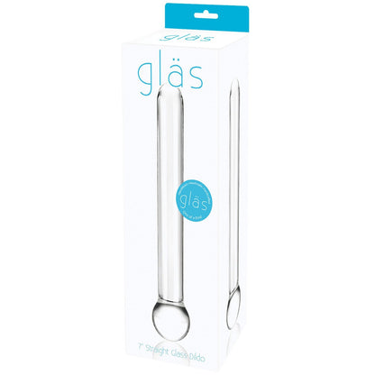 The image shows the package of a Pipedream Glas 7 Straight Glass Dildo, perfect for temperature play. The white box features teal and blue text and graphics, along with an image of the sleek product.