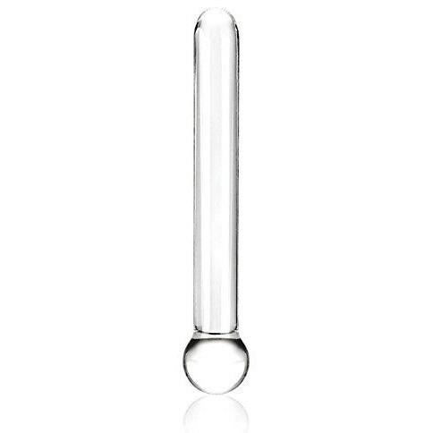 The Pipedream Glas 7 Straight Glass Dildo, featuring a clear glass design reminiscent of a double-ended test tube, stands upright against a white background.