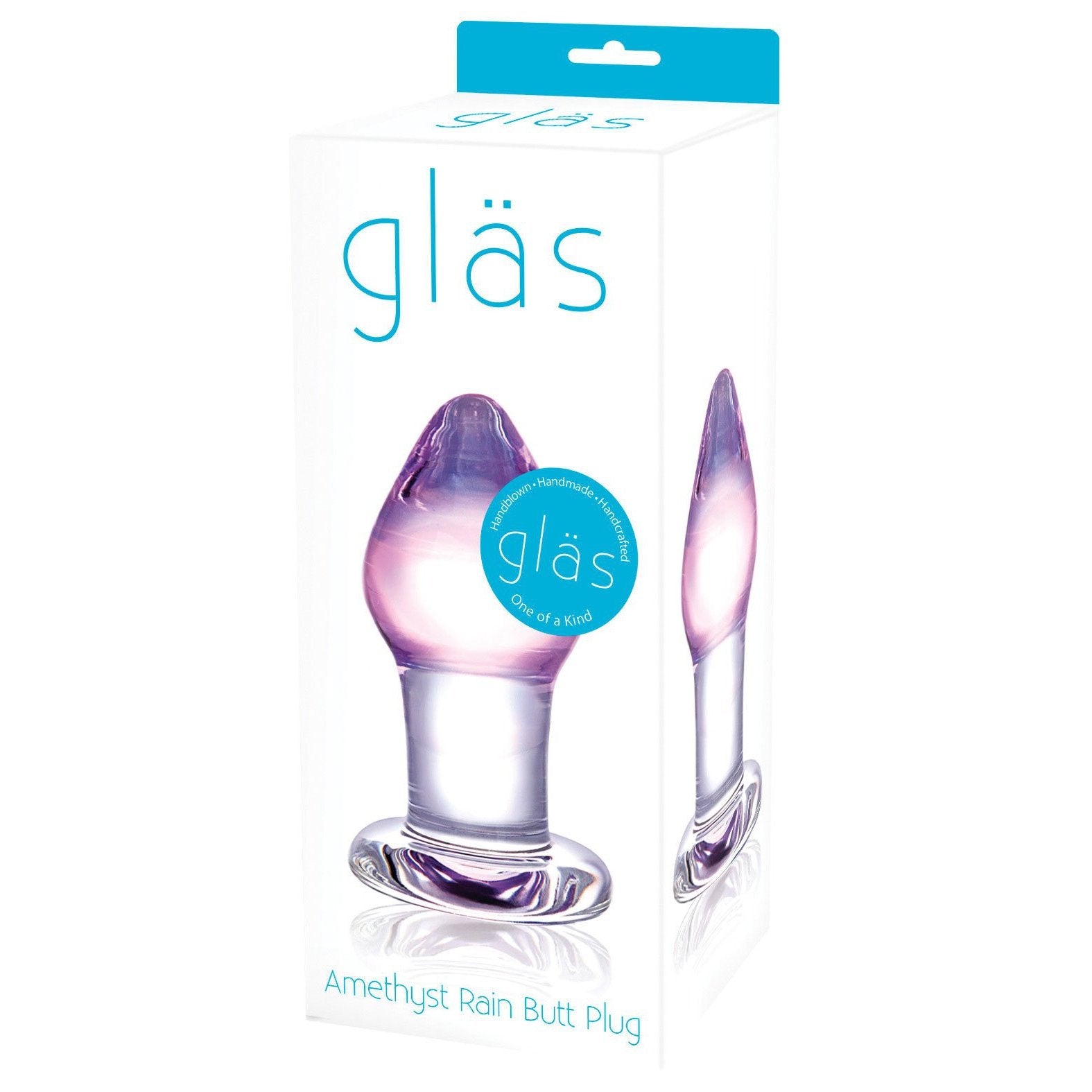 The image displays the box for the Glas Amethyst Rain Glass Butt Plug by Gläs, highlighting its elegant hand-blown design. The white packaging features a product image of the purple-tinted glass plug, perfect for temperature play, with Gläs prominently printed on the box.