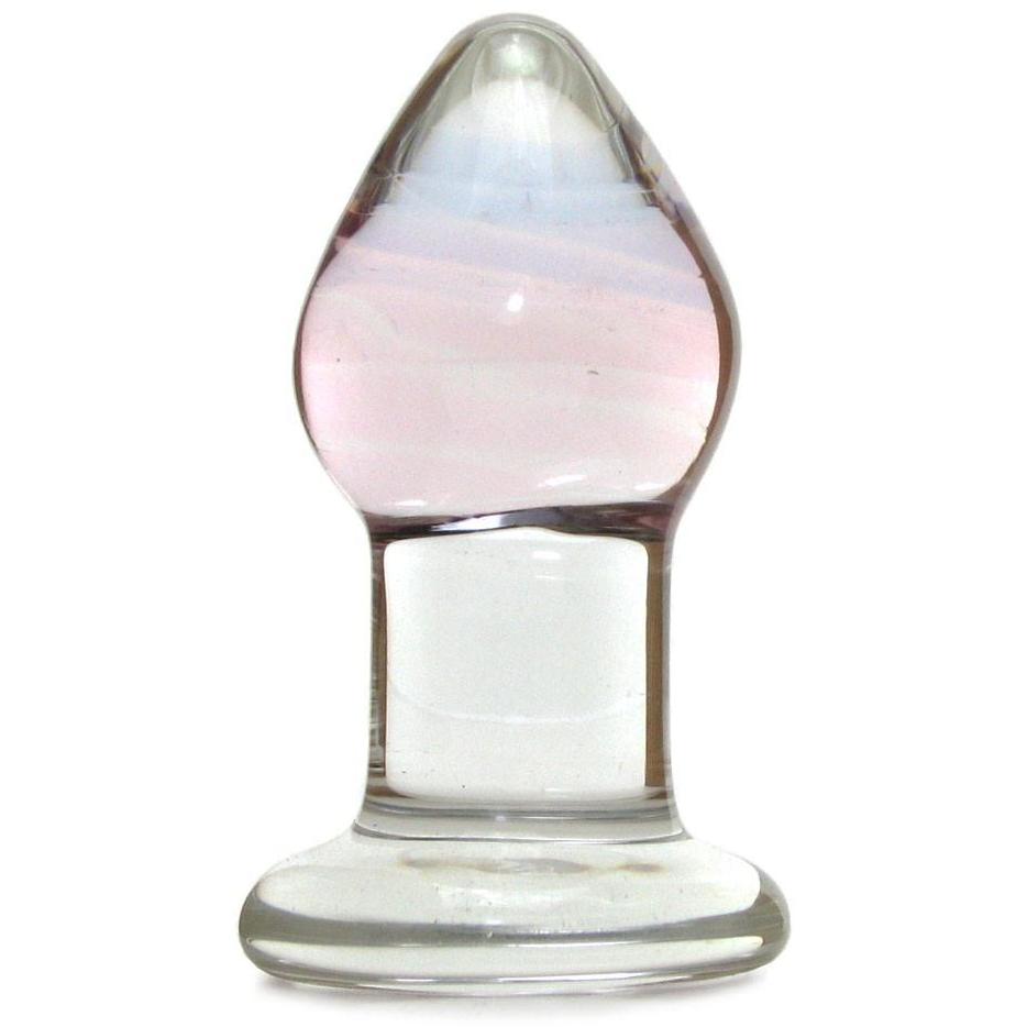 The Gläs Amethyst Rain Glass Butt Plug is a hand-blown, clear glass object with an iridescent look featuring pastel hints. It has a tapered shape with a rounded top and wide base, ideal for temperature play.